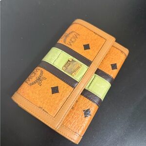 MCM Cognac Leather Wallet with Lime & Dark Brown Straps